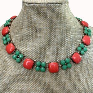 J.Crew Statement Necklace With Coral & Green Beads Gold-Tone Chain